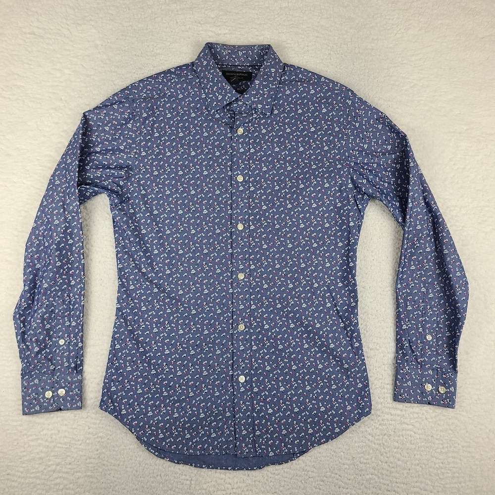 Banana Republic Dress Shirt Mens Small Blue Floral Non Iron Slim Fit Button Up *